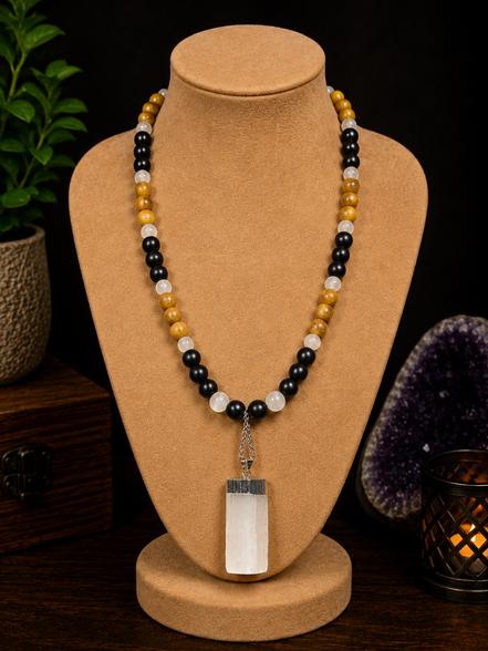Golden Sandalwood, Ebony Wood & Selenite Beaded Necklace with Satin Spar Pendant – 22" Steel Wire Necklace