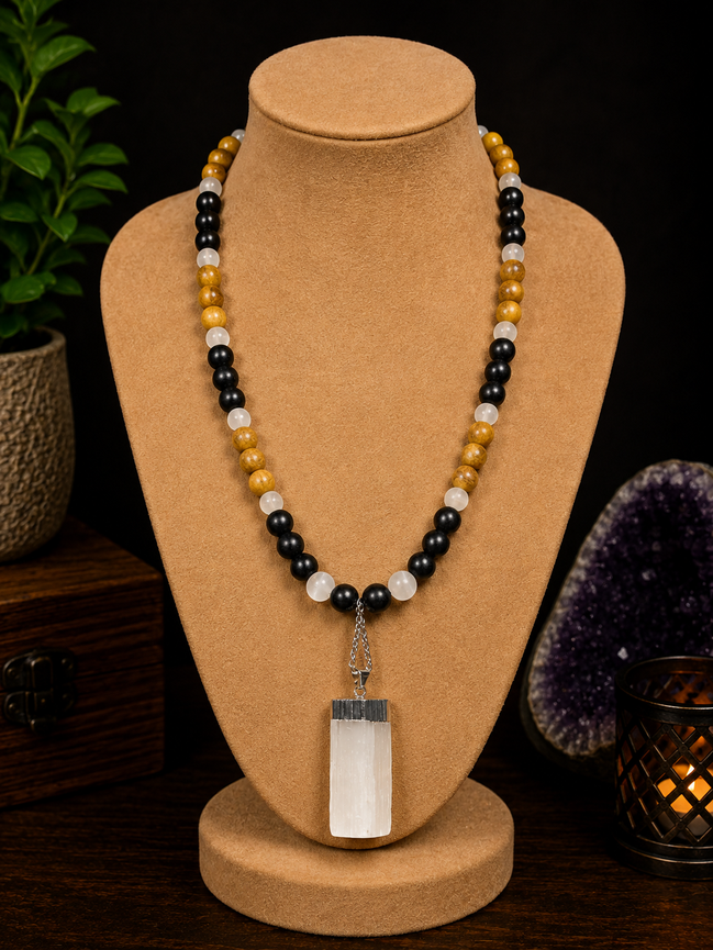 Golden Sandalwood, Ebony Wood & Selenite Beaded Necklace with Satin Spar Pendant – 22" Steel Wire Necklace