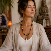 Golden Sandalwood, Ebony Wood & Selenite Beaded Necklace with Satin Spar Pendant – 22
