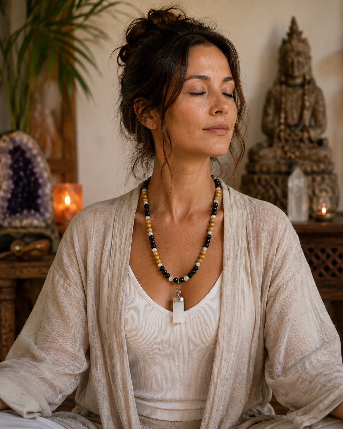 Golden Sandalwood, Ebony Wood & Selenite Beaded Necklace with Satin Spar Pendant – 22