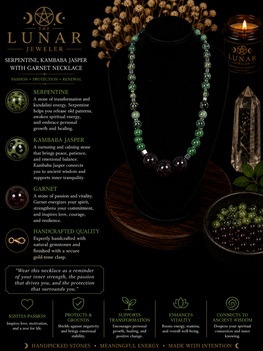 Serpentine & Kambaba Jasper Beaded Necklace with 12mm Garnet Focal Beads – 22" Steel Wire Necklace