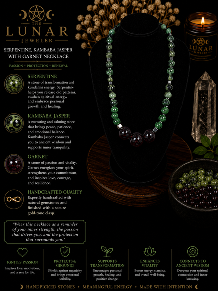 Serpentine & Kambaba Jasper Beaded Necklace with 12mm Garnet Focal Beads – 22" Steel Wire Necklace