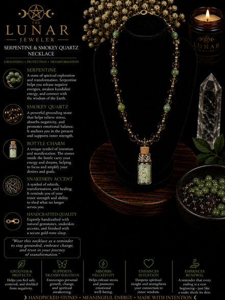 Serpentine & Smoky Quartz Necklace with Genuine Ball Python Shed Bottle Charm – 22" Steel Wire Necklace