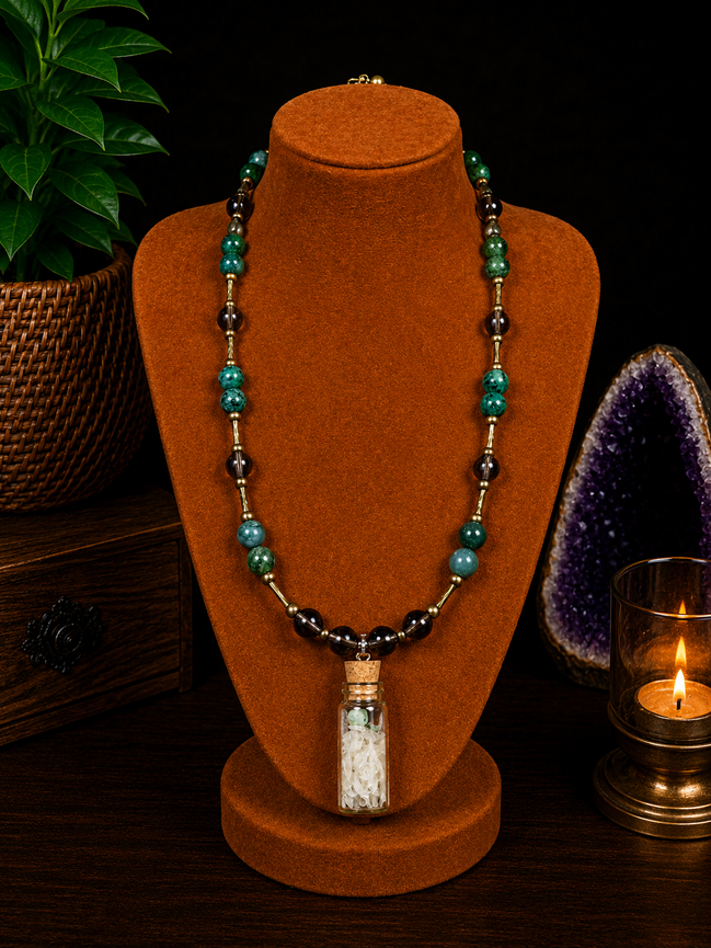 Serpentine & Smoky Quartz Necklace with Genuine Ball Python Shed Bottle Charm – 22" Steel Wire Necklace