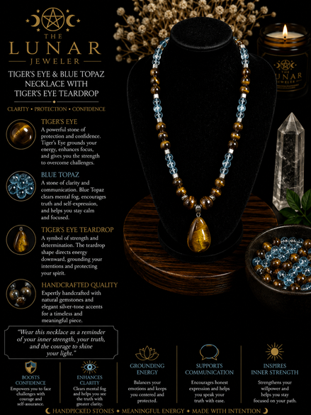 Blue Topaz & Tiger's Eye Beaded Necklace with Tiger's Eye Teardrop Pendant – 22" Steel Wire Necklace