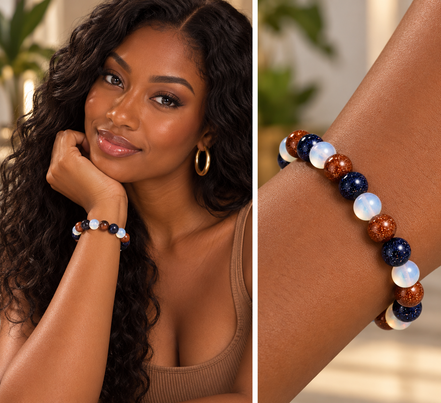 Blue Sandstone, Gold Sandstone & Opalite Bracelet – 7.5" Elastic Bracelet