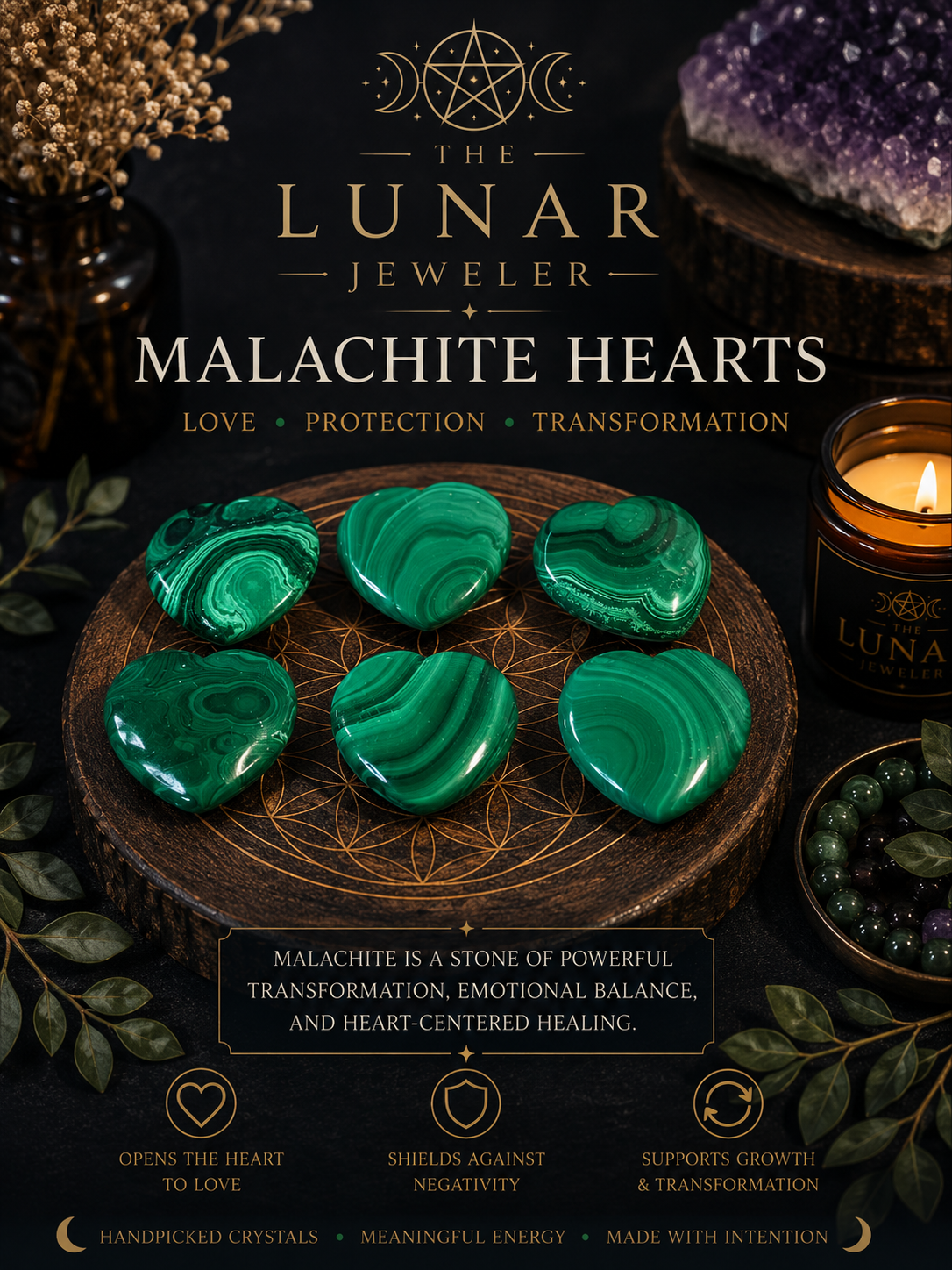 Malachite Heart Carving | Natural Crystal Heart