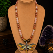 Golden Sandstone & Sunstone Beaded Necklace with Yellow Dragonfly Pendant – 22