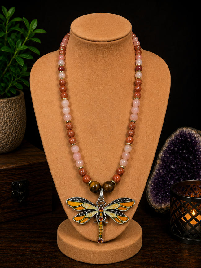 Golden Sandstone & Sunstone Beaded Necklace with Yellow Dragonfly Pendant – 22" Steel Wire Necklace