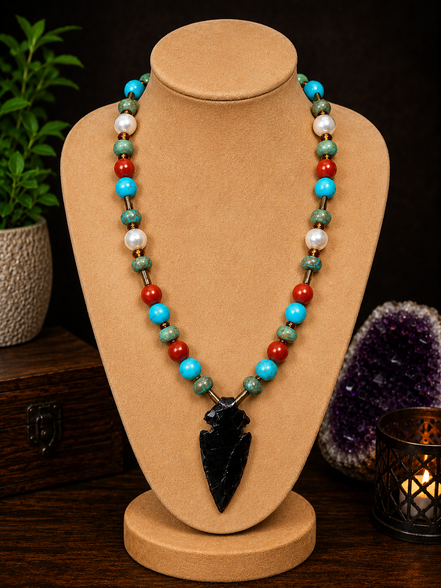 Freshwater Pearl, Turquoise Magnesite, Boulder Creek Turquoise & Red Jasper Beaded Necklace with Arrowhead Pendant – 22" Steel Wire Necklace