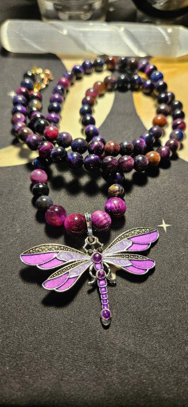 Galaxy Tiger's Eye necklace with Purple Dragonfly pendant