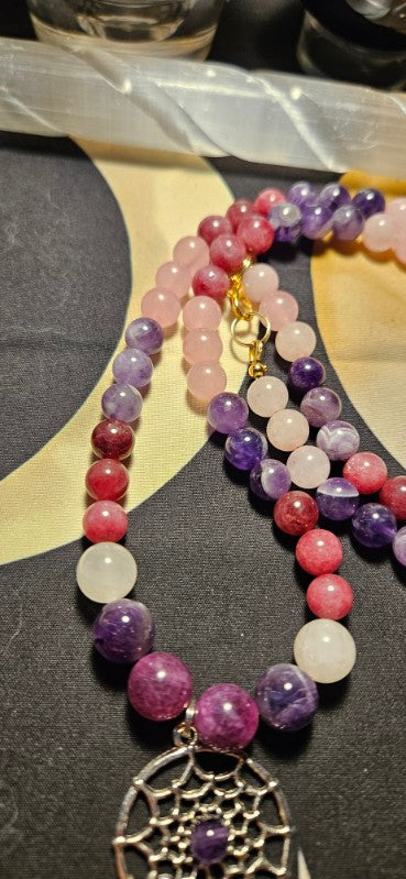 Rose Quartz, Lepidolite, Amethyst necklace with Amethyst Dreamcatcher