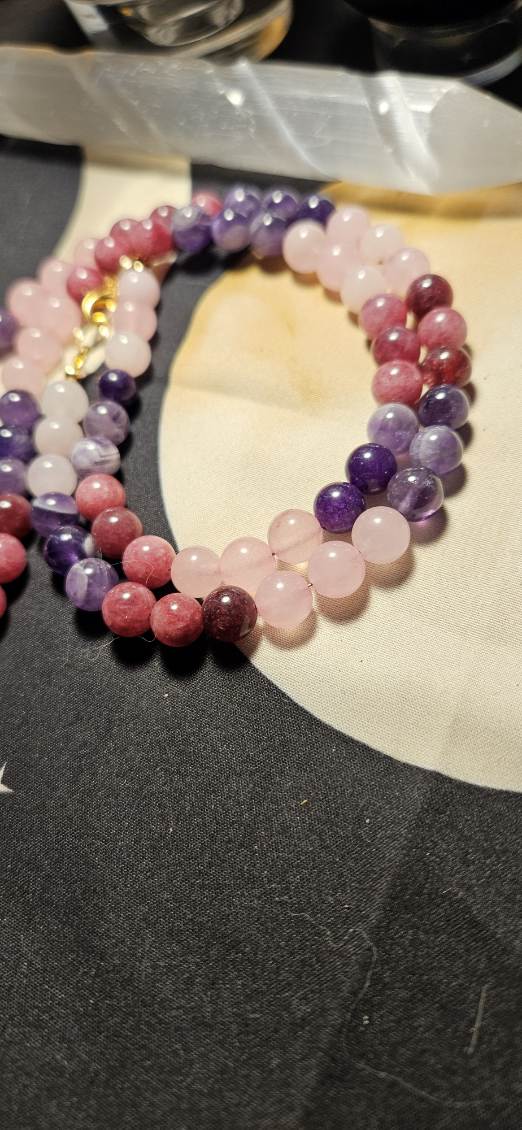Rose Quartz, Lepidolite, Amethyst necklace with Amethyst Dreamcatcher
