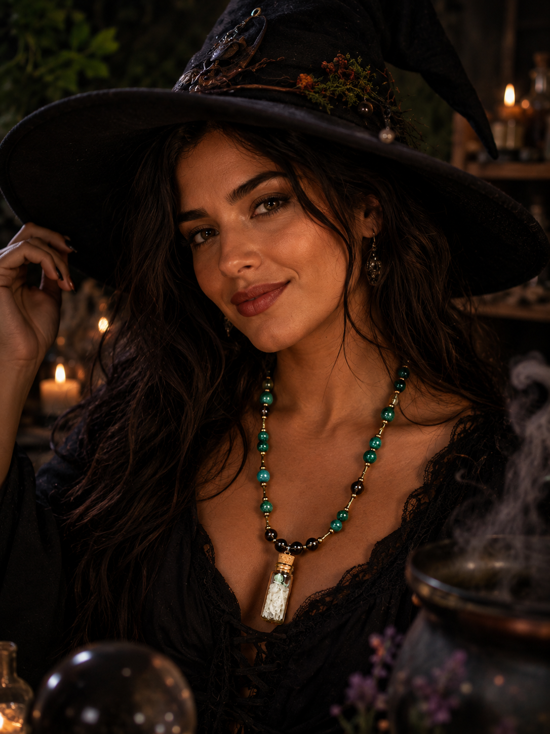 Serpentine & Smoky Quartz Necklace with Genuine Ball Python Shed Bottle Charm – 22